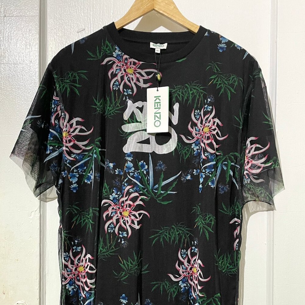 NEW KENZO Black Mesh Layered Floral T-shirt Dress Women's Sz M